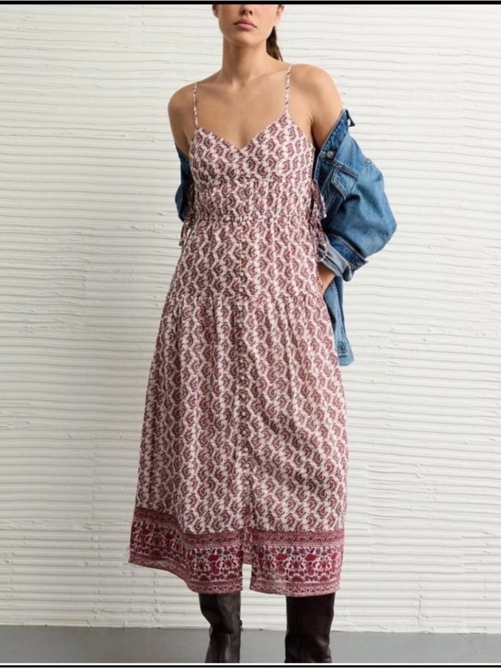 NWT Boho American Eagle Berry V Neck Side Tie Midi Dress women's Size XS